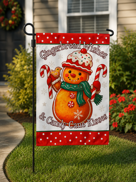 Gingerbread Wishes & Candy Cane Kisses Garden Flag | Christmas Gingerbread Snowman | Double Sided Holiday Yard Flag