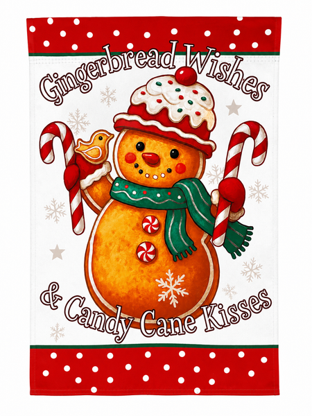 Gingerbread Wishes & Candy Cane Kisses Garden Flag | Christmas Gingerbread Snowman | Double Sided Holiday Yard Flag