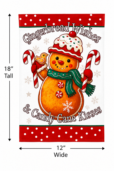 Gingerbread Wishes & Candy Cane Kisses Garden Flag | Christmas Gingerbread Snowman | Double Sided Holiday Yard Flag