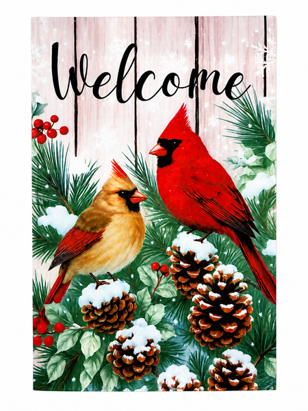 Winter Cardinals Welcome Garden Flag | Double-Sided Holiday Yard Flag | Snowy Pinecone & Evergreen Outdoor Flag