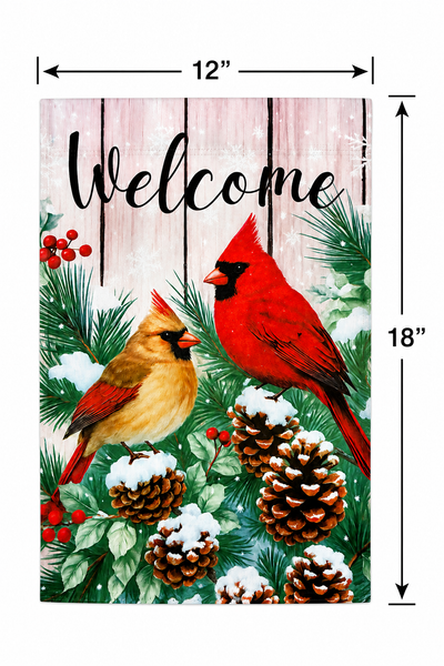 Winter Cardinals Welcome Garden Flag | Double-Sided Holiday Yard Flag | Snowy Pinecone & Evergreen Outdoor Flag