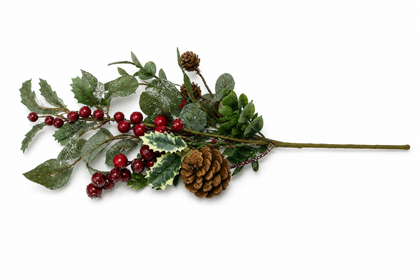 Winter Berry Pick | Frosted Pinecone & Holly Spray | Christmas Greenery Stem | Holiday Floral Pick | 19 Inch