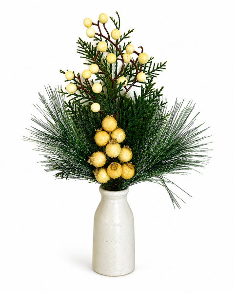 Cream Berry & Frosted Pine Pick | Winter Greenery Stem | Holiday Floral Spray | Christmas Arrangement Pick