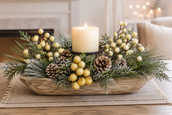Cream Berry & Frosted Pine Pick | Winter Greenery Stem | Holiday Floral Spray | Christmas Arrangement Pick