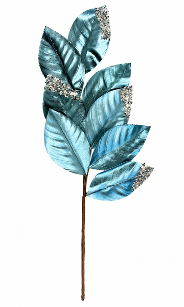 25" Metallic Blue Glitter Magnolia Leaf Spray | Decorative Christmas Floral Stem