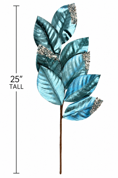 25" Metallic Blue Glitter Magnolia Leaf Spray | Decorative Christmas Floral Stem