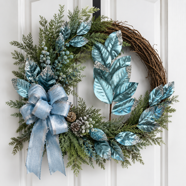 25" Metallic Blue Glitter Magnolia Leaf Spray | Decorative Christmas Floral Stem