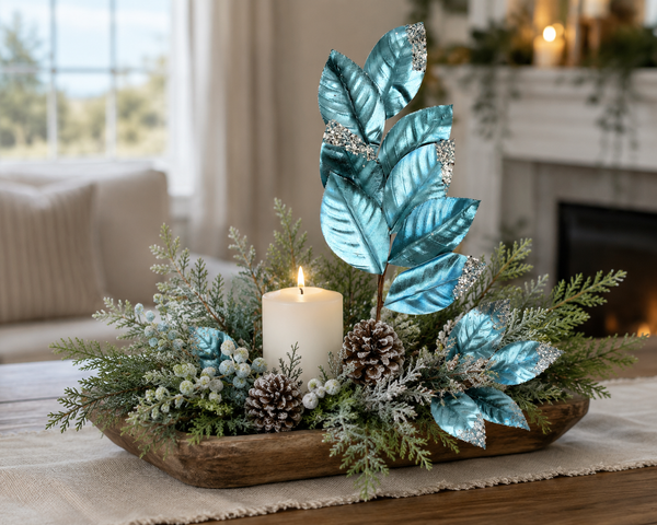 25" Metallic Blue Glitter Magnolia Leaf Spray | Decorative Christmas Floral Stem