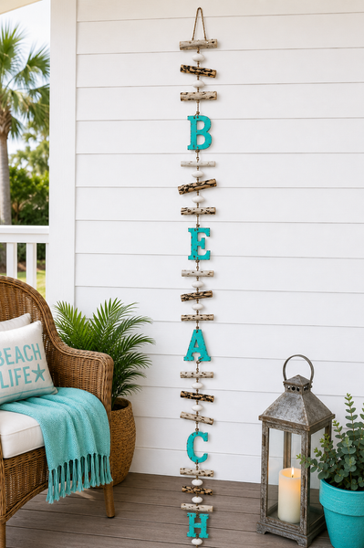 Hanging Beach sign 5.5 Feet long w/natural driftwood