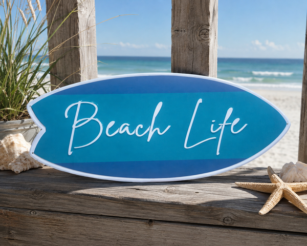 24" Beach Life Surfboard Wall Sign | Coastal Beach House Decor