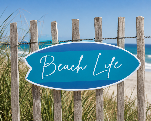24" Beach Life Surfboard Wall Sign | Coastal Beach House Decor