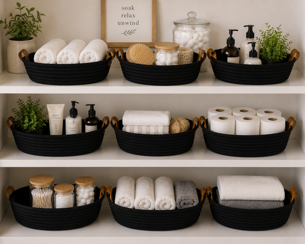 Woven Black Basket 10” | Farmhouse Storage Basket | Decorative Organizer