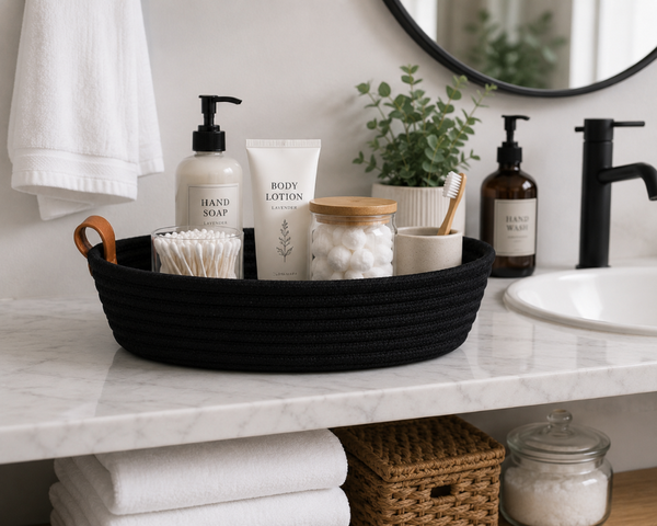 Woven Black Basket 10” | Farmhouse Storage Basket | Decorative Organizer