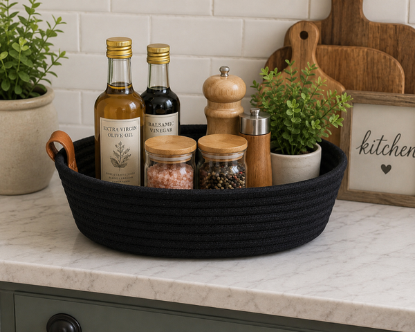 Woven Black Basket 10” | Farmhouse Storage Basket | Decorative Organizer