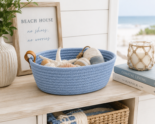 Light Blue Woven Basket 10” | Farmhouse Storage Basket | Decorative Organizer
