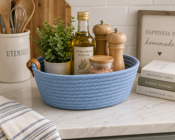 Light Blue Woven Basket 10” | Farmhouse Storage Basket | Decorative Organizer
