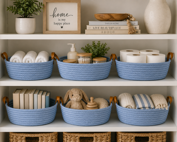 Light Blue Woven Basket 10” | Farmhouse Storage Basket | Decorative Organizer