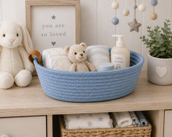 Light Blue Woven Basket 10” | Farmhouse Storage Basket | Decorative Organizer