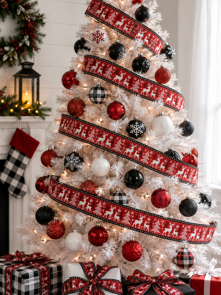 Christmas Reindeer Wired Ribbon 2.5" | Red White Black Holiday Ribbon | Deer & Tree Ribbon | Christmas Tree Ribbon | Gift Wrapping Ribbon
