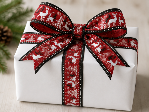 Christmas Reindeer Wired Ribbon 2.5" | Red White Black Holiday Ribbon | Deer & Tree Ribbon | Christmas Tree Ribbon | Gift Wrapping Ribbon