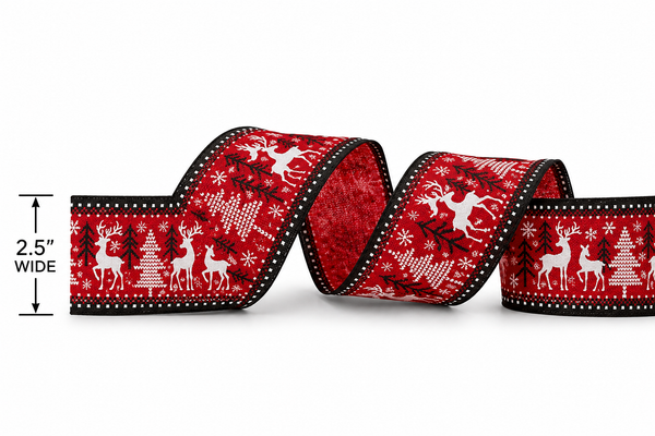 Christmas Reindeer Wired Ribbon 2.5" | Red White Black Holiday Ribbon | Deer & Tree Ribbon | Christmas Tree Ribbon | Gift Wrapping Ribbon