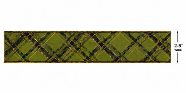 Green Plaid Wired Ribbon 2.5 Inch x 10 Yards | Christmas Ribbon | Gold Metallic Trim | Holiday Tree Ribbon | Gift Wrap Ribbon