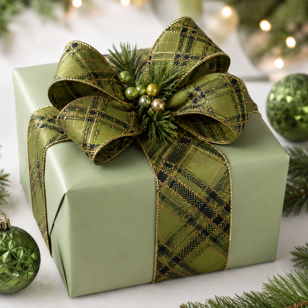 Green Plaid Wired Ribbon 2.5 Inch x 10 Yards | Christmas Ribbon | Gold Metallic Trim | Holiday Tree Ribbon | Gift Wrap Ribbon