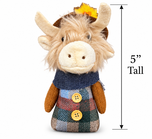 Fall Highland Cow Decor | 5 Inch Plush Highland Cow with Sunflower Hat | Rustic Farmhouse Autumn Decoration | Harvest Tiered Tray Deco
