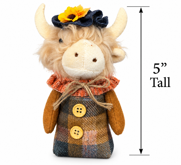 Fall Highland Cow Decor | 5 Inch Plush Highland Cow with Sunflower Hat | Rustic Farmhouse Autumn Decoration | Harvest Tiered Tray Deco
