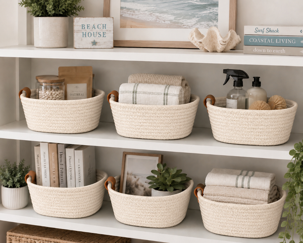 Ivory Woven Basket 10” | Farmhouse Storage Basket | Decorative Organizer