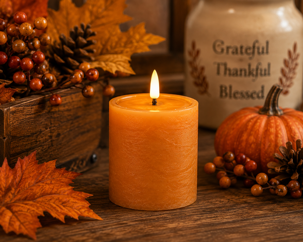 Orange Real Wax LED Flameless Pillar Candle with Timer | Fall Candle Decor 4" x 3"