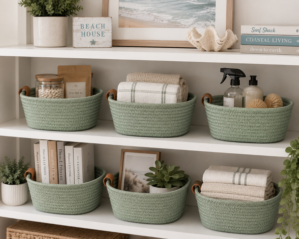 Sage Green Woven Basket 10” | Farmhouse Storage Basket | Decorative Organizer