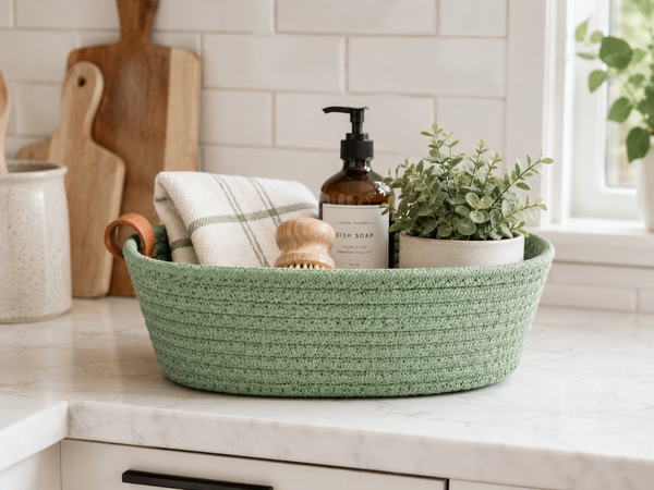 Sage Green Woven Basket 10” | Farmhouse Storage Basket | Decorative Organizer