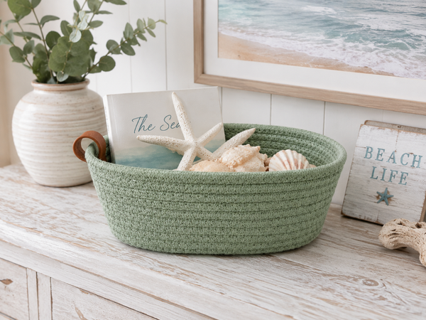 Sage Green Woven Basket 10” | Farmhouse Storage Basket | Decorative Organizer