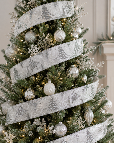 Silver Christmas Tree Ribbon | 2.5 Inch Wired Ribbon | White Glitter Snowflake Ribbon