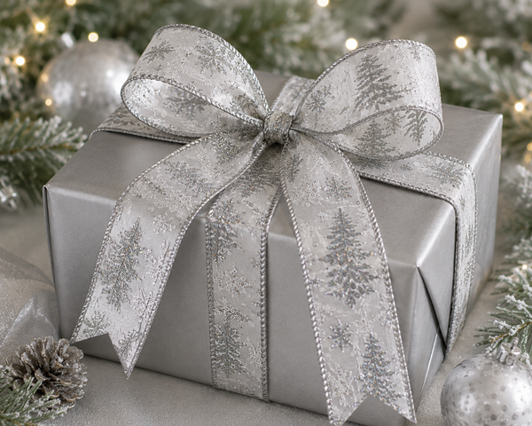 Silver Christmas Tree Ribbon | 2.5 Inch Wired Ribbon | White Glitter Snowflake Ribbon