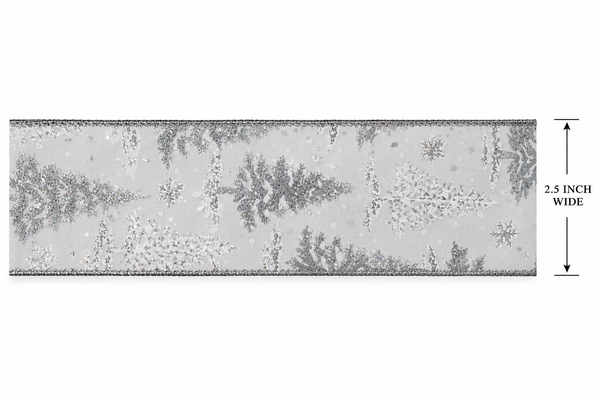 Silver Christmas Tree Ribbon | 2.5 Inch Wired Ribbon | White Glitter Snowflake Ribbon