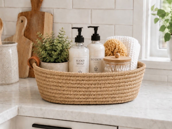 Natural Sand Color Woven Basket 10” | Farmhouse Storage Basket | Decorative Organizer