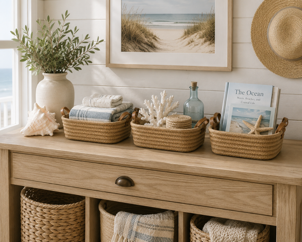 Natural Sand Color Woven Basket 10” | Farmhouse Storage Basket | Decorative Organizer