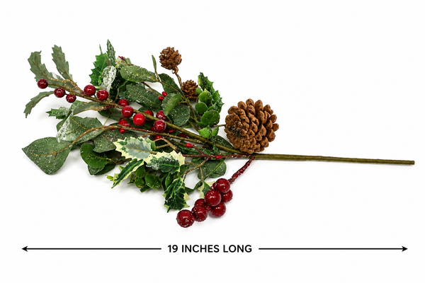 Winter Berry Pick | Frosted Pinecone & Holly Spray | Christmas Greenery Stem | Holiday Floral Pick | 19 Inch
