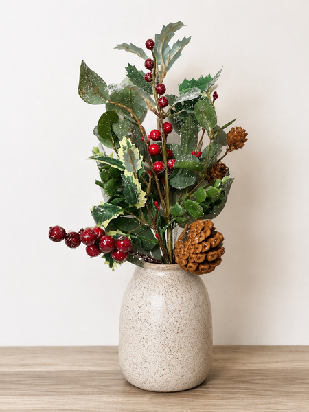 Winter Berry Pick | Frosted Pinecone & Holly Spray | Christmas Greenery Stem | Holiday Floral Pick | 19 Inch