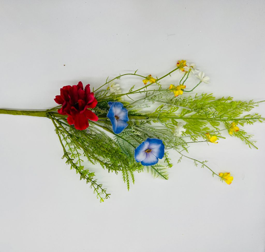 Flower Pick Red/Blue/Yellow w/mixed greenery 20"