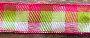 Pink/Green/White Wired Check Ribbon 1.5"