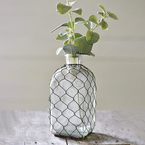 Glass Bottle with Chicken Wire 8" Tall