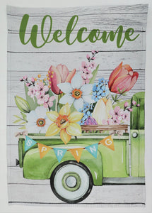 Spring Truck welcome garden flag w/flowers 12" x 18"